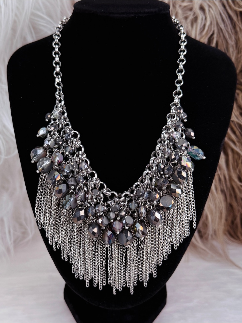 Vintage Silvertone Faceted Bead Chain Fringe Statement Bib Necklace
